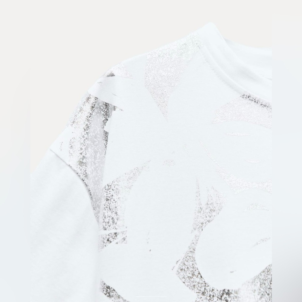 Zara Silver Metallic Floral Foil White T-shirt | Short Sleeves | XL | NWT - Picture 3 of 15